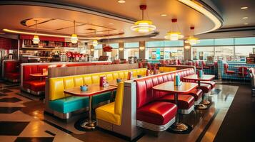 Retro vintage diner restaurant, interior design, stylish old fashioned design concept, AI Generative photo