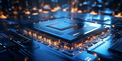 High-tech Computer chip close up shot, production of electronic, circuit board, futuristic design, extreme detail, AI Generative photo