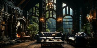 Interior Design, Beautiful Living room Gothic Style, Luxury Mansion, Elegant tall window, AI Generative photo