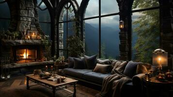 Interior Design, Beautiful Living room Gothic Style, Luxury Mansion, Elegant tall window, AI Generative photo