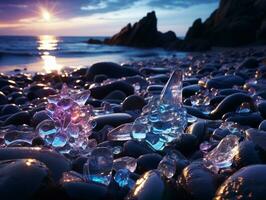 Beautiful Glass Beach, colorful pebbles, Fantasy seascape, dreamy atmosphere, AI Generative photo