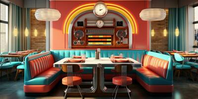 Retro vintage diner restaurant, interior design, stylish old fashioned design concept, AI Generative photo