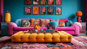 Furnished Modern Living room, bright blue and pink color palette, interior design, AI Generative photo