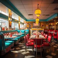 Retro vintage diner restaurant, interior design, stylish old fashioned design concept, AI Generative photo