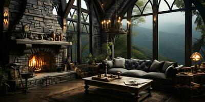 Interior Design, Beautiful Living room Gothic Style, Luxury Mansion, Elegant tall window, AI Generative photo