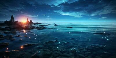 Fantasy seascape, Night view of the ocean, glowing sea, Beautifully starry night sky, dreamy atmosphere, AI Generative photo