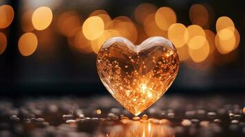 Sparkle Glowing Heart reflected lights, orange and gold, captivating visual, Romantic scenery, dreamy, copy space, greeting card, AI Generative photo