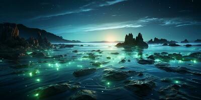 Fantasy seascape, Night view of the ocean, glowing sea, Beautifully starry night sky, dreamy atmosphere, AI Generative photo