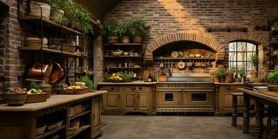 rústico casa de Campo cocina, elegante espacioso Cocinando área, interior diseño, ai generativo foto