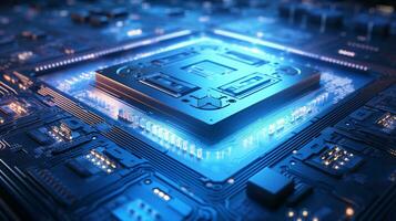 High-tech Computer chip close up shot, production of electronic, circuit board, futuristic design, extreme detail, AI Generative photo