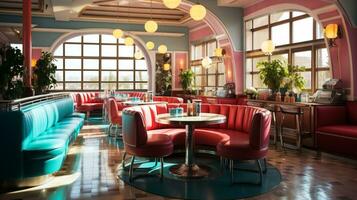 Retro vintage diner restaurant, interior design, stylish old fashioned design concept, AI Generative photo