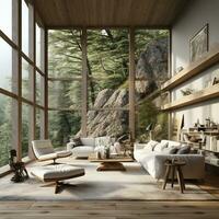 Interior Design, Minimalistic Living room with serene nature view, Beautiful villa design in the forest, AI Generative photo