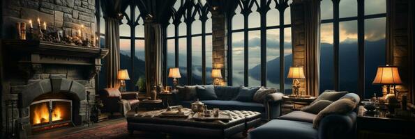Interior Design, Beautiful Living room Gothic Style, Luxury Mansion, Elegant tall window, AI Generative photo