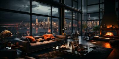 Interior Design modern Living room, windows show stunning view of the city skyline, Empty room apartment, AI Generative photo