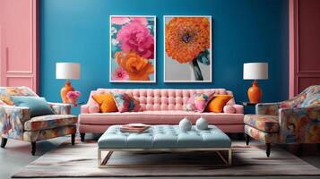 Furnished Modern Living room, bright blue and pink color palette, interior design, AI Generative photo