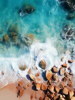 Relaxing aerial view beach, nature holiday template banner, sea shore, coastline, AI Generative photo