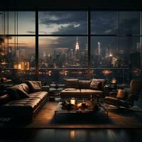 Interior Design modern Living room, windows show stunning view of the city skyline, Empty room apartment, AI Generative photo