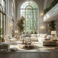 Interior Design Luxurious modern Living room, minimal tall window, Cozy sofa, serene nature scenery, Elegant villa, AI Generative photo