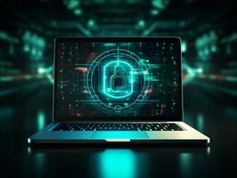 Laptop with cloud computing diagram show on hand. Cloud technology. Data storage. Business technology Cyber Security Firewall, Antivirus Alert Protection, AI Generative photo