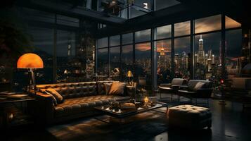 Interior Design modern Living room, windows show stunning view of the city skyline, Empty room apartment, AI Generative photo