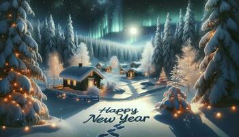 A tranquil winter landscape at night with snow-covered trees, houses twinkling under moonlight, the words Happy New Year written in the snow, and the northern lights dancing in the sky. AI Generated photo