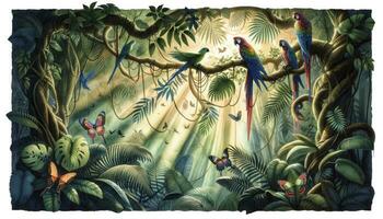 un acuarela pintura exhibiendo un atmosférico selva mural con un pabellón de entrelazados tropical hojas, vívido loros en sucursales, y varios mariposas ai generado foto