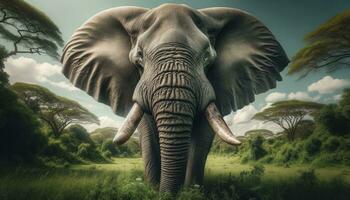 A majestic elephant's head in its natural habitat, with the lush green savannah in the backdrop. AI Generative. photo