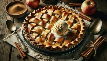 A classic apple pie with a delicately latticed golden crust, accompanied by vanilla ice cream, cinnamon sticks, fresh apples, and a vintage pie server. AI Generative. photo