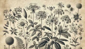 An illustration of a botanical drawing featuring detailed depictions of various flowers and plants. The intricate linework and annotations give it a scholarly and antique ambiance. AI Generated photo