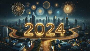un festivo fondo presentando el dígitos 2024 en reluciente oro en contra un ciudad horizonte a medianoche, iluminado por fuegos artificiales. ai generado foto