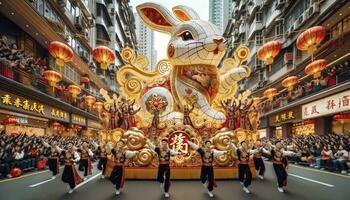 chino nuevo año Conejo. exhibiendo un vibrante desfile con un central Conejo flotar, bailarines en tradicional atuendo, y entusiasta público con linternas ai generativo. foto