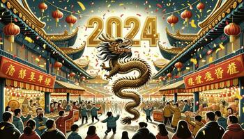 An illustration showcasing a bustling street with a dragon dance, festive stalls, and a large gold '2024' amidst confetti and sparklers. AI Generative. photo