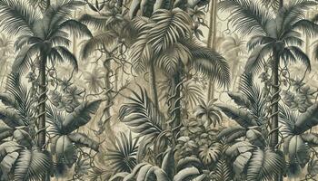 Tropical forest-themed repeating pattern with palm leaves, intertwined vines, and dense jungle foliage. The design has an old-world charm reminiscent of vintage drawings. AI Generated photo