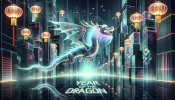 A modern interpretation of the Chinese New Year dragon, featuring a neon-lit dragon soaring through a futuristic cityscape adorned with holographic lanterns. AI Generated photo