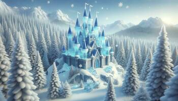 A majestic ice castle perched on a snowy mountain peak, gleaming under a pale winter sun.  AI Generated photo