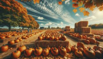 A picturesque pumpkin patch during autumn with rows of vibrant orange pumpkins, children picking out their favorites, and haystacks adding to the rustic ambiance. AI Generative. photo