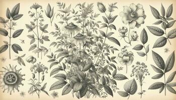 An illustration showcasing a botanical theme with intricate details of plants, flowers, and leaves, reminiscent of 19th-century scientific illustrations. AI Generated photo