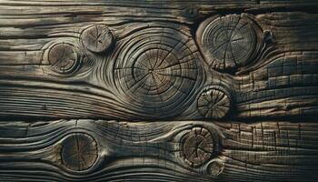 A photo showcasing a weathered wood texture with intricate grain patterns, knots, and imperfections. The faded and chipped paint adds to its rustic and vintage charm. AI Generated