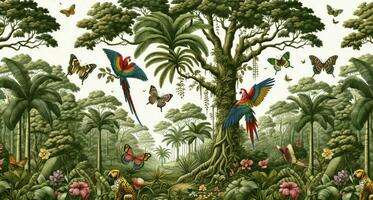 tropical selva con imponente arboles y ancho hojas. vistoso aves y intrincado mariposas añadir a el escena encantamiento, dibujo inspiración desde clásico botánico dibujos. ai generado foto