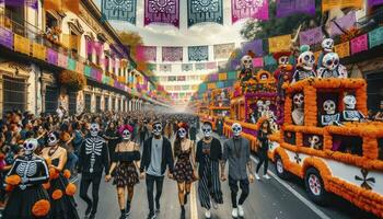 A vibrant street celebration with colorful banners, people with painted sugar skull faces, and decorated floats. AI Generative. photo