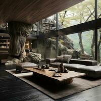 Interior Design, Living room with serene nature view, Beautiful mansion design in the forest, AI Generative photo