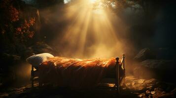 Sunlight Shining through on to a Bed, religious scenery, AI Generative photo