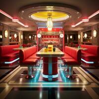 Retro vintage diner restaurant, interior design, stylish old fashioned design concept, AI Generative photo