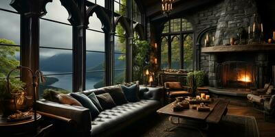 Interior Design, Beautiful Living room Gothic Style, Luxury Mansion, Elegant tall window, AI Generative photo