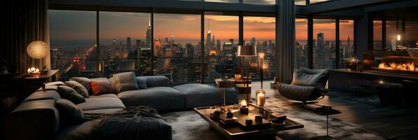 Interior Design modern Living room, windows show stunning view of the city skyline, Empty room apartment, AI Generative photo