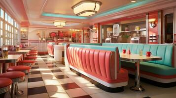 Retro vintage diner restaurant, interior design, stylish old fashioned design concept, AI Generative photo