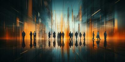 Business People walking in modern futuristic lobby, Blurred motion, AI Generative photo