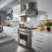 Sleek furnished kitchen, stylish Beautiful cooking area, interior design, AI Generative photo