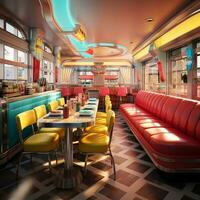 Retro vintage diner restaurant, interior design, stylish old fashioned design concept, AI Generative photo