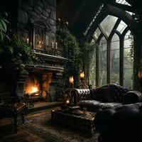 Interior Design, Beautiful Living room Gothic Style, Luxury Mansion, Elegant tall window, AI Generative photo